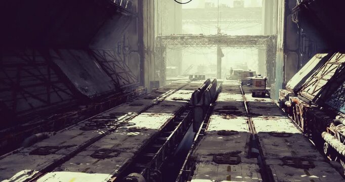 automated loading ramp with stacked pallets and conveyor lanes, industrial dock ambience, mechanical guides and freight containers, efficient logistics mood