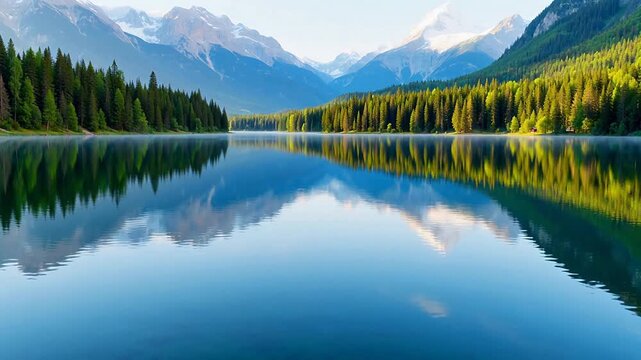 Serene mountain lake with pine forest reflection at sunrise