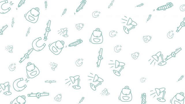 Pattern of backpacks, lamps, bookmarks, pencil shavings  perfect for educational or office designs, stationery promotions, classroom materials.