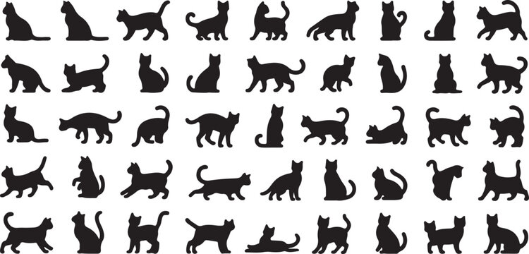 Collection of black cat and kitten silhouettes in playful poses minimal clean line art isolated on white background vector set