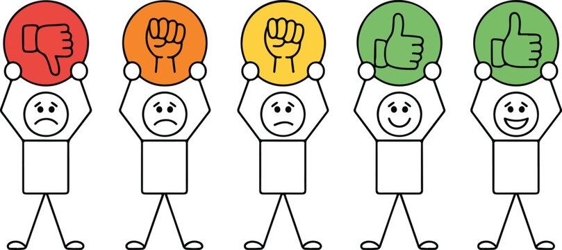 Stick figures rating system with buttons from bad to excellent red to green minimal clean line art vector illustration feedback scale isolated on white