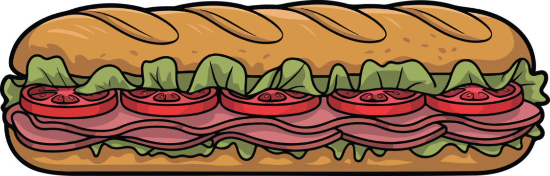 Cartoon submarine sandwich with lettuce tomato and deli meat minimal flat vector illustration fast food sub roll isolated on white background