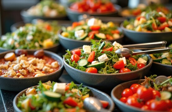 Fresh Mediterranean salads arranged buffet style. Bowls overflow with crisp greens feta cheese tomatoes and cucumbers. Various vegetable mezes offer healthy lunch or dinner choices.
