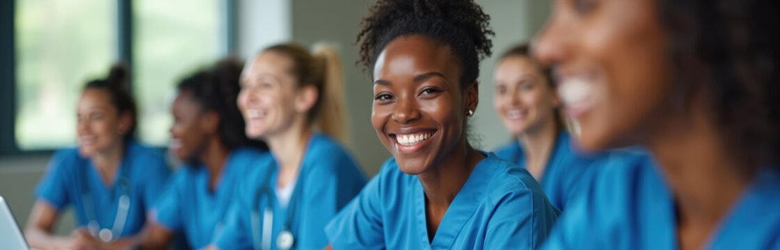 Diverse group of nurses in blue scrubs smile together at a medical meeting. Women discuss healthcare topics, showing positive teamwork and unity in hospital training.