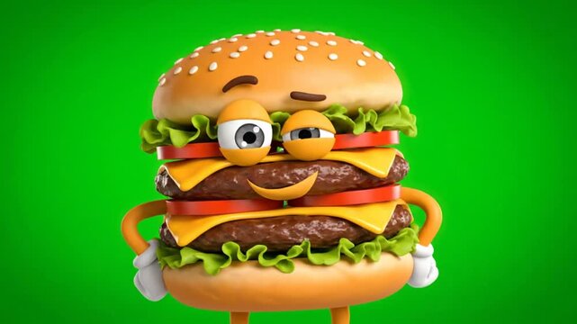 Cheerful cartoon hamburger with a smiling face and animated expressions on a green background