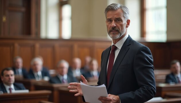 Lawyer speaks to jury in old wood courtroom. Man in suit holds paper, makes gestures. Audience listens attentively. Justice system in session. Legal debate.