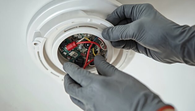 Gloved hands install smoke detector on ceiling, connecting wires to circuit board. Safety device wiring for fire prevention, home security, and emergency response. Professional setup.