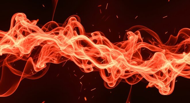 Dramatic scarlet and amber vapor waves flow in a fluid simulation, creating a cinematic fire effect with glowing embers and smoky trails, embers, flow, gaseous