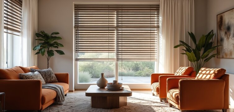 Modern living room with orange sofas and chairs. Zebra blinds adjust natural light creating striped shadows on floor. Plants add green accent to cozy interior space.
