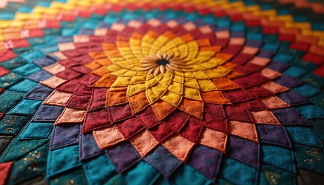 Close up of colorful diamond pattern quilt. Fabric pieces sewn together form mandala shape. Vibrant red blue yellow hues create unique textile art.