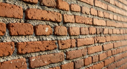 Fototapeta premium Close view of weathered red brick wall with rough mortar joints and textured brick surfaces