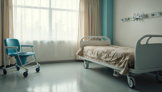 Hospital room with adjustable bed and portable commode chair near window. Medical equipment ready for patient care or recovery. Clean, sterile environment for healing and rehabilitation.