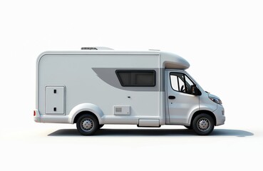 Naklejka premium Modern white camper van isolated on white background. Recreational vehicle for road trips and travel adventures. Mobile home for camping leisure and tourism.