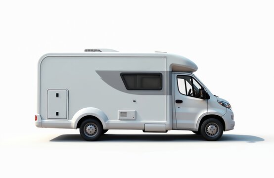 Modern white camper van isolated on white background. Recreational vehicle for road trips and travel adventures. Mobile home for camping leisure and tourism.