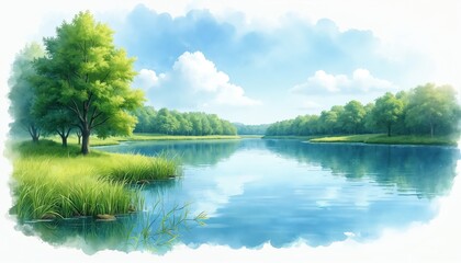 Fototapeta premium Calm river flows through green trees and grass. Clear blue sky with white clouds reflects in still water. Peaceful natural landscape painting.