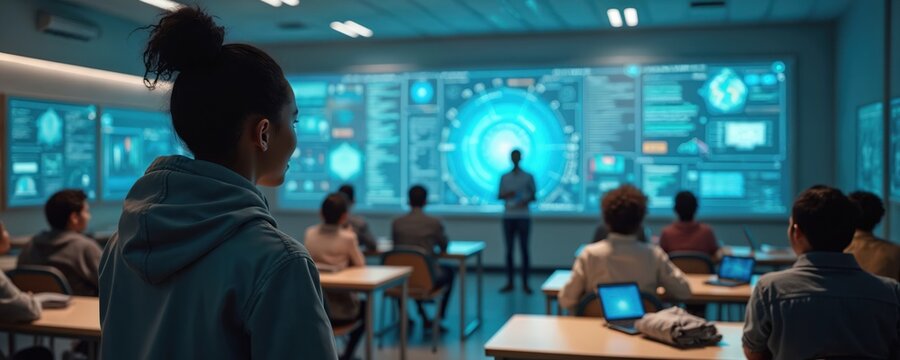Diverse students learn in futuristic classroom. Teacher presents lesson on huge interactive holographic screen. Modern education uses tech for knowledge, future skills development.