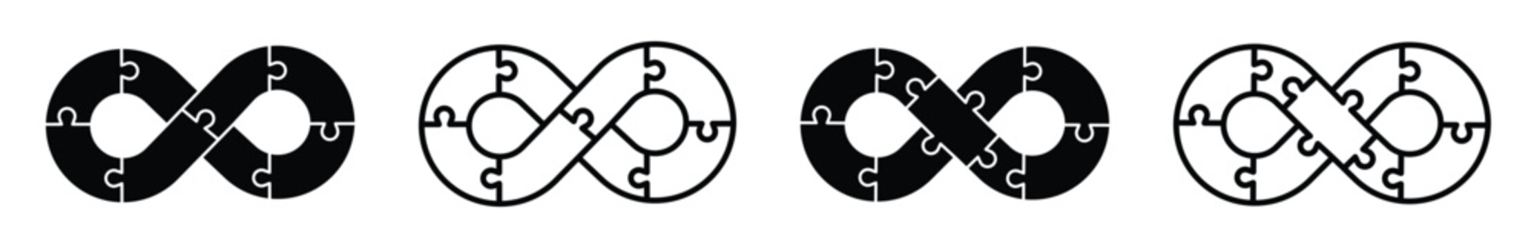 Infinity puzzle icon set. Connection and teamwork symbols. Endless loop and integration concept. Partnership, collaboration and business continuity sign.