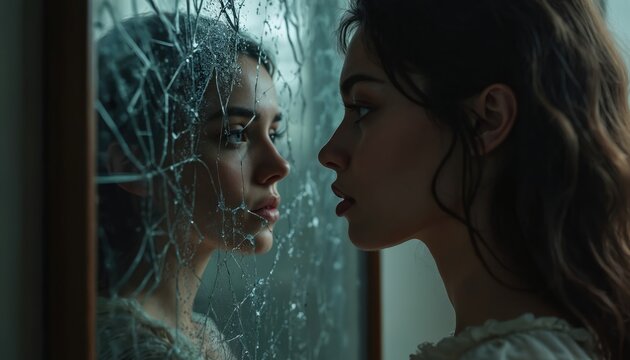 Woman contemplates fragmented reflection in broken mirror. Her image shatters distorting features. Anxiety, identity crisis, or mental health themes.