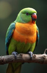 Obraz premium Bright green and orange parrot perches on a tree branch. This colorful bird has blue wing feathers and a red beak. It sits alertly in a natural outdoor setting.