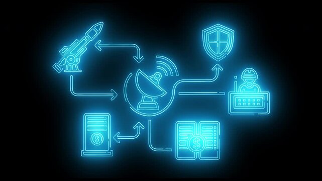 Neon-lit blue flowchart diagram with icons on a black background