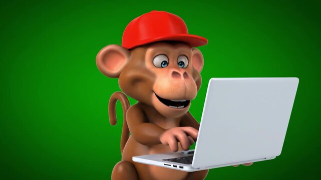 A cheerful cartoon monkey wearing a red cap and using a laptop computer on a green background, conveying a sense of playfulness and technology.