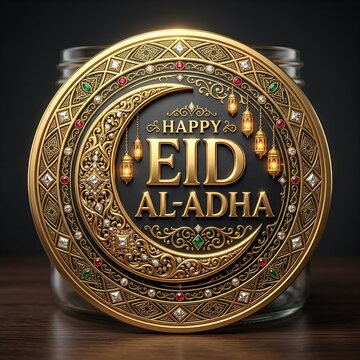 Decorative Islamic Medallion with Gem Pattern Crescent Moon Lanterns and Happy Eid al Adha Text on Dark Background