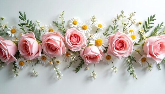 Pink roses and white daisies form an elegant floral border. This beautiful blossom arrangement features plants. Perfect for invitations greeting cards and summer decor.