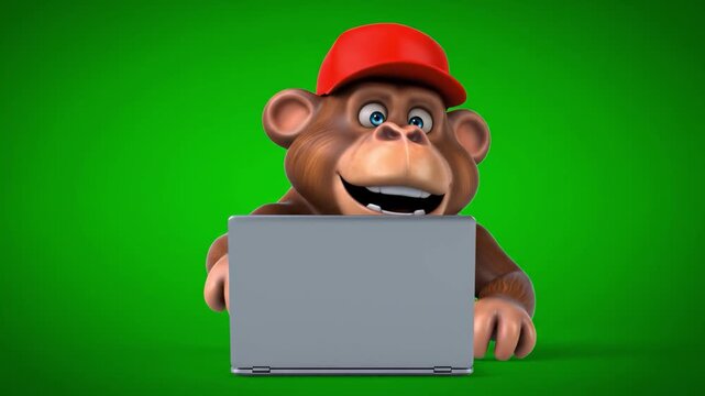 A cartoon monkey in a red cap looks at a laptop with a curious expression on a green background.