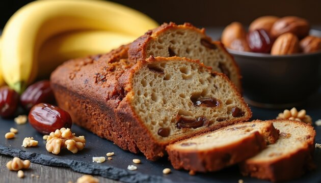 Sliced banana bread loaf with dates and walnuts. Ripe bananas, sweet dried dates, and crunchy nuts complement this homemade baked dessert. Delicious pastry with fruit, great for breakfast or snack.