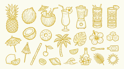 A collection of hand-drawn tropical-themed elements including fruits, drinks, tiki masks, and beach accessories, rendered in a sketch style. © KN collection