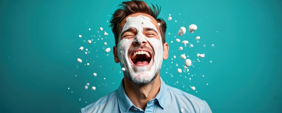 Man laughs with whipped cream mask on face splashes around him. Teal background shows fun moment. Joyful expression with white cream on skin.