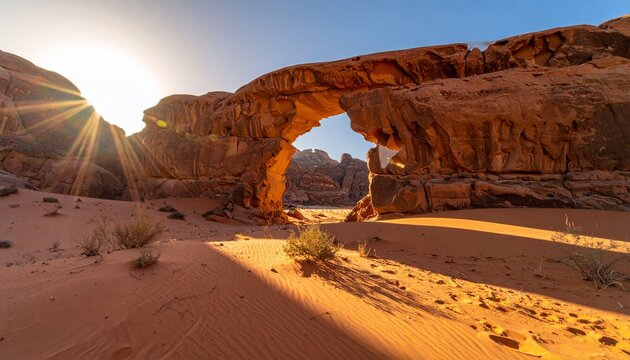 Natural rock arch in desert landscape with sunlight and sand dunes