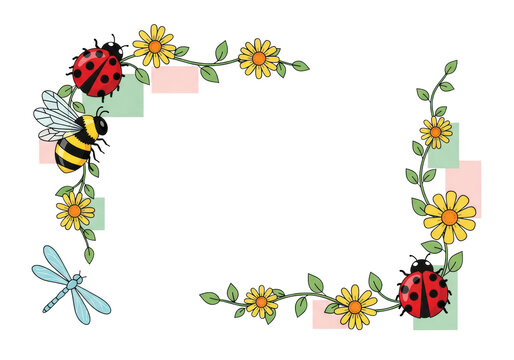 stylized vector illustration border of cheerful cartoon garden insects and yellow daisy flowers winding on a green vine against a white background with copy space. concept of playful children's decor