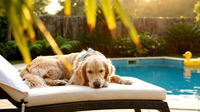 golden retriever dog relaxing on a sun lounger by the pool on a sunny day with a yellow duck float
