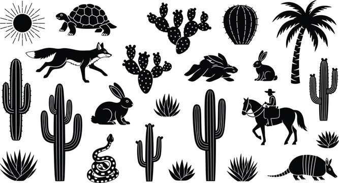 Desert wildlife and cactus silhouette collection featuring fox turtle rabbit armadillo horse rider plants and sun isolated vector set
