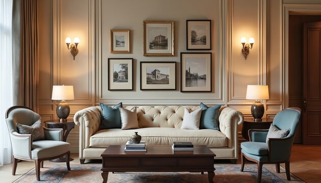 Elegant living room features tufted sofa, plush armchairs, framed art prints. Stylish interior decorative wall molding, warm lamps, coffee table with books. Luxurious furniture creates comfortable,