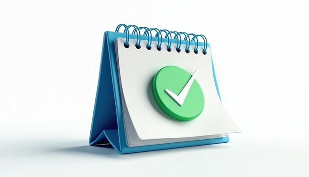 Blue desk calendar shows a green checkmark icon on blank page. It represents successful task completion or appointment confirmation. A visual cue for planning and organization.
