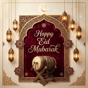 Happy Eid Mubarak Islamic Arch with Hanging Lanterns Crescent Moon and Bedug Drum on Red Background