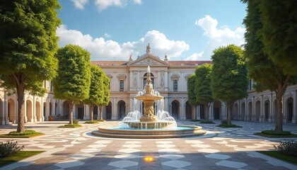 Obraz premium Grand ornate fountain sits center of historic plaza courtyard. Trees line arcade walkways. Building facade shows classical renaissance architecture. Sunny day, blue sky with clouds.