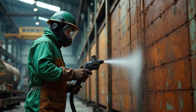 Worker in protective gear uses blasting tool. He cleans heavily rusted metal surface in industrial factory. Safety equipment includes helmet, mask, and gloves for hazard protection during maintenance.