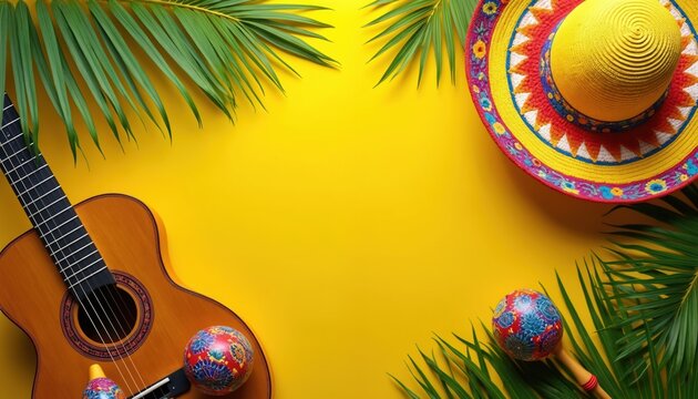 Guitar and maracas with sombrero hat and palm leaves on yellow background. Mexican fiesta or party celebration, tropical summer vacation vibe.