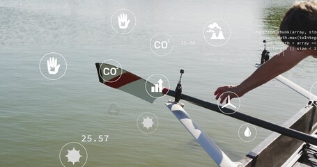 Reaching senior rower in short sleeves holding red-white oar on lake HUD overlay, copy space © vectorfusionart