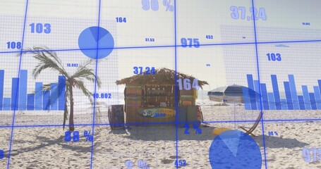 Obraz premium Standing thatch beach shack casting shadow on sandy shore, with palm trees, boat and blue charts