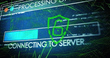 Displaying UI showing CONNECTING TO SERVER on neon grid, with cyan bar and green padlock shield © vectorfusionart