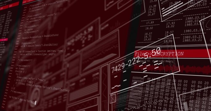 Displaying layered interface in security console, showing monospaced code, ENCRYPTION, waveform