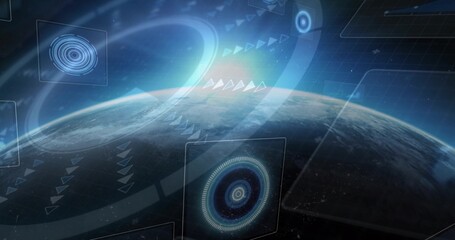 Fototapeta premium Scanning Earth hemisphere from low orbit, HUD overlaying concentric reticles, ringed targets
