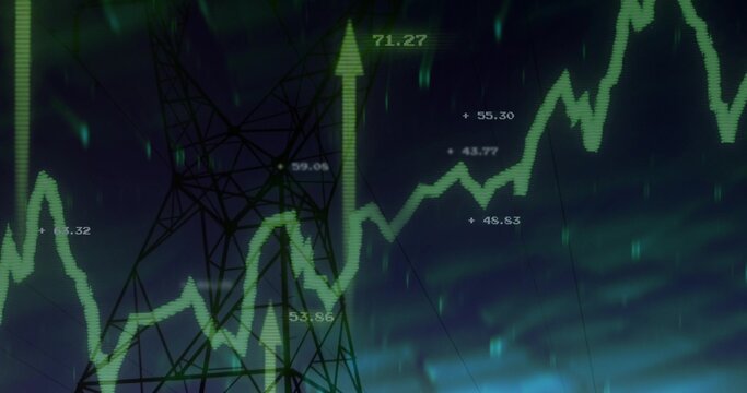 Standing steel pylon against teal sky, showing neon green chart, power lines, values, upward arrow