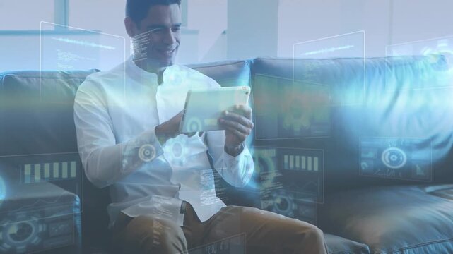 Man tapping tablet, initiating holo UI and revealing layered graphs, gears, code for tech analysis