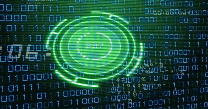 Displaying neon-green HUD rotating on screen over binary digits with glowing core and scan lines