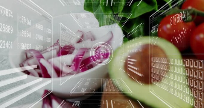 HUD overlay activating and tunnel panels moving forward, centering halved avocado for close-up